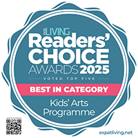 Expat Living Readers' Choice Awards 2025 badge: voted top five, Best in Category, Kids' Arts Programme