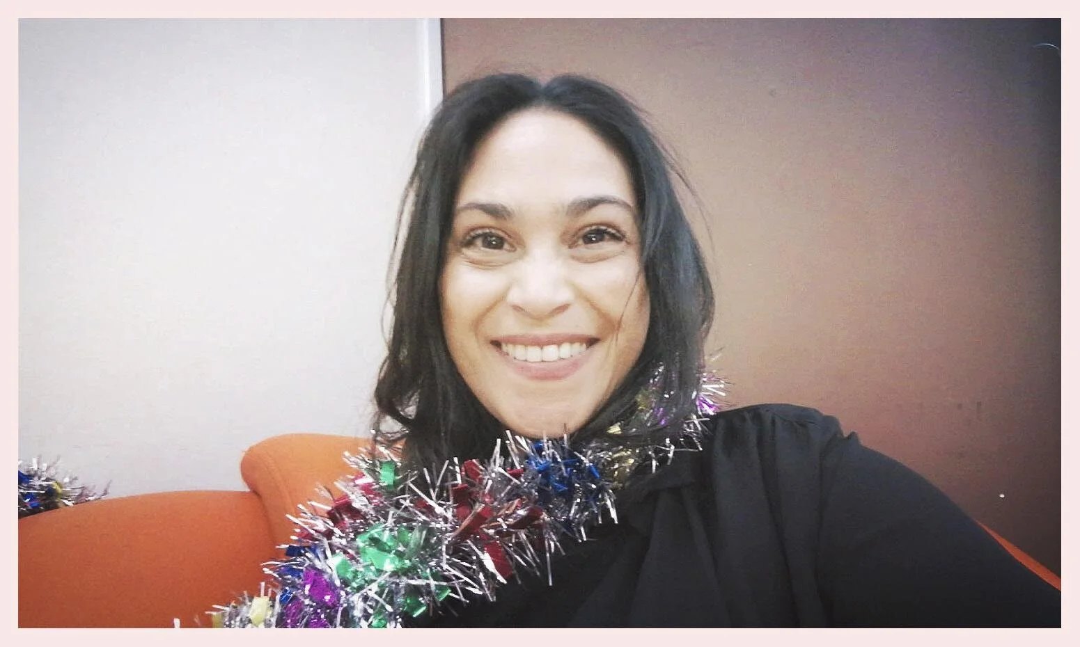 Aniela wearing a tinsel scarf 